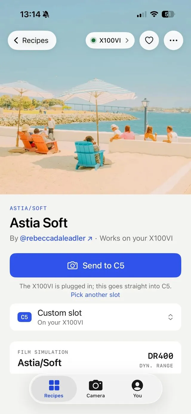 A recipe page in Half Stop: Astia Soft by @rebeccadaleadler, with an X100VI plugged in and a Send to C5 button.